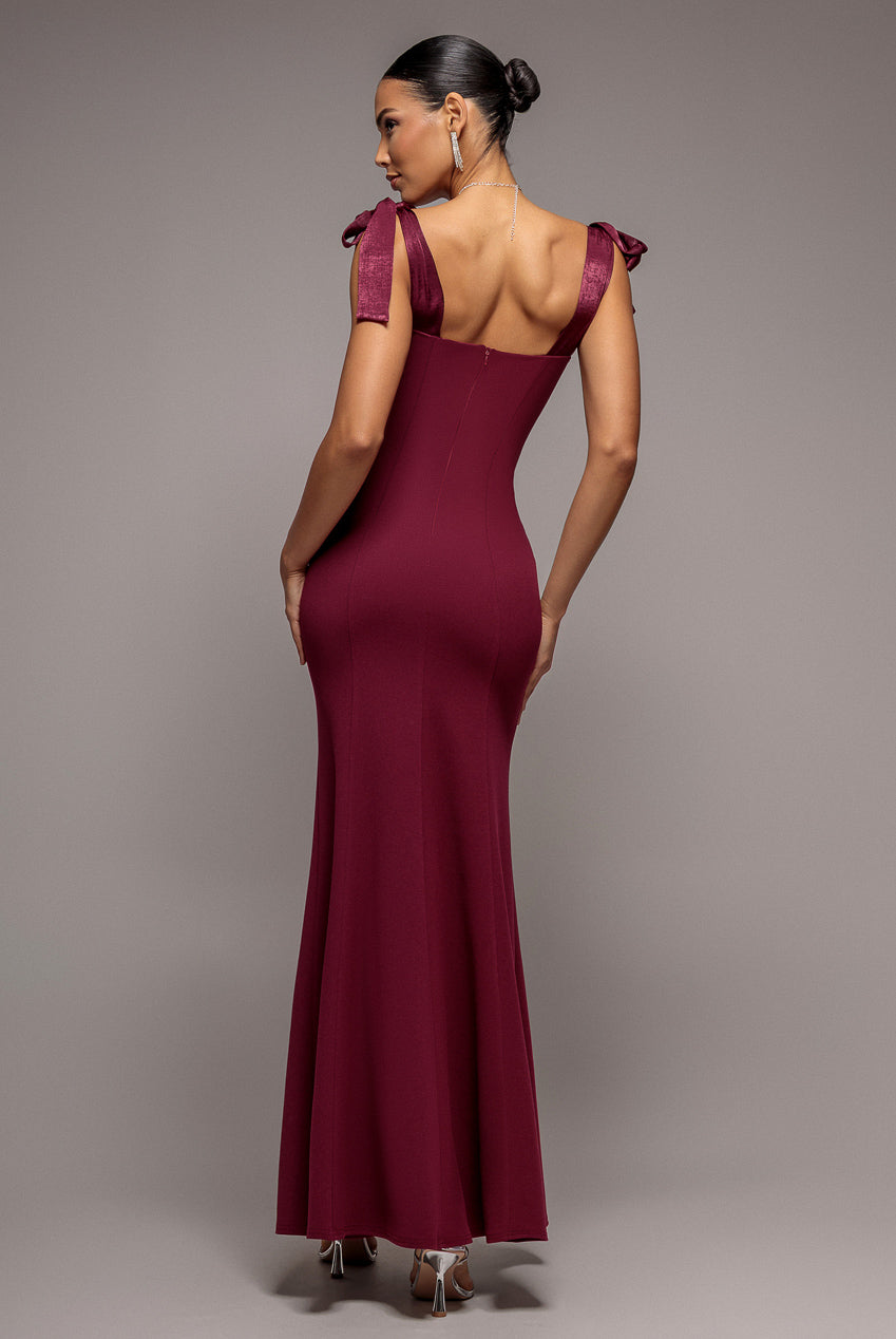 Multiway Bow Velvet Satin Sweetheart Maxi Dress - Burgundy DR5078