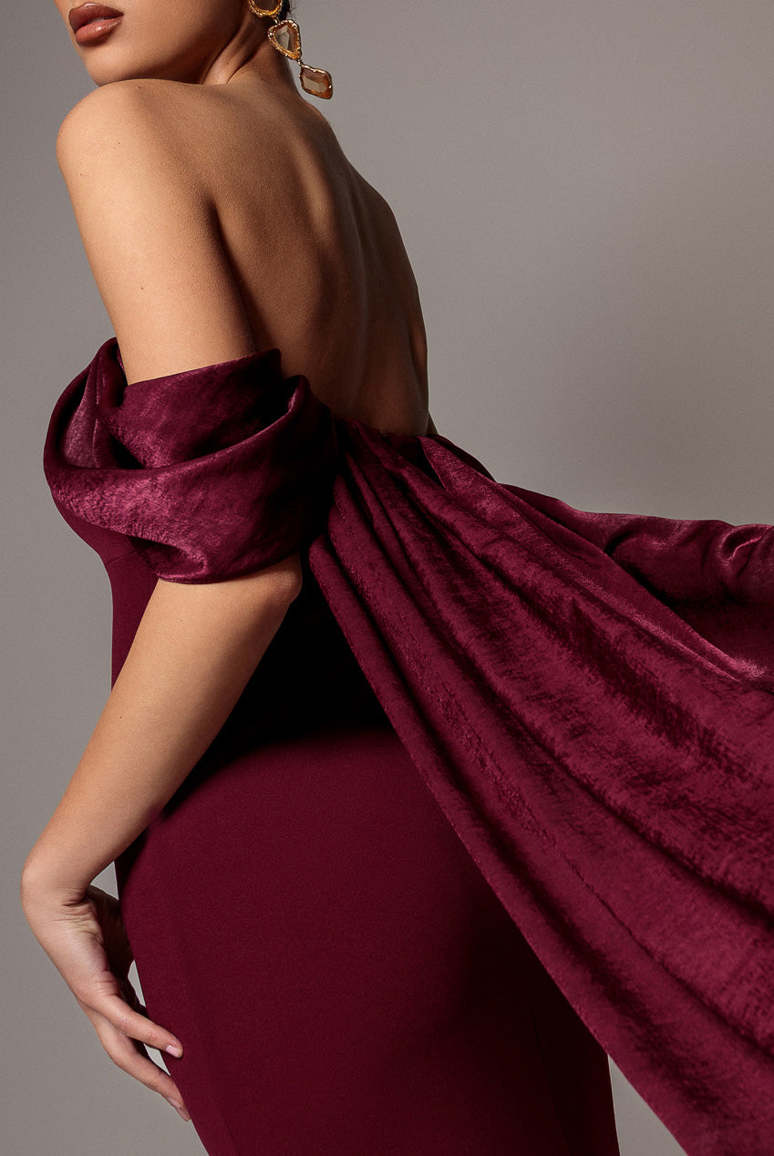 Off Shoulder Velvet Satin Wings Cape Maxi Dress - Burgundy DR5079