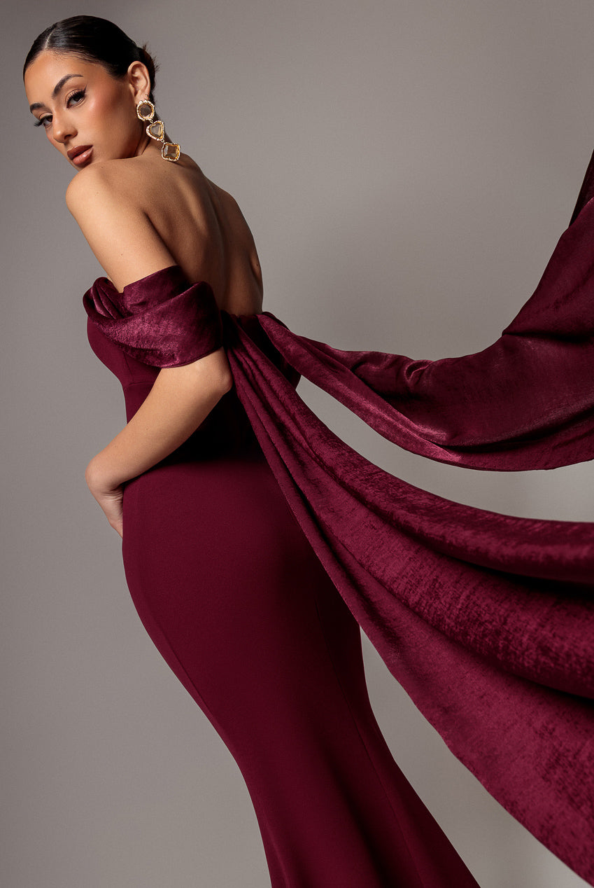 Off Shoulder Velvet Satin Wings Cape Maxi Dress - Burgundy DR5079