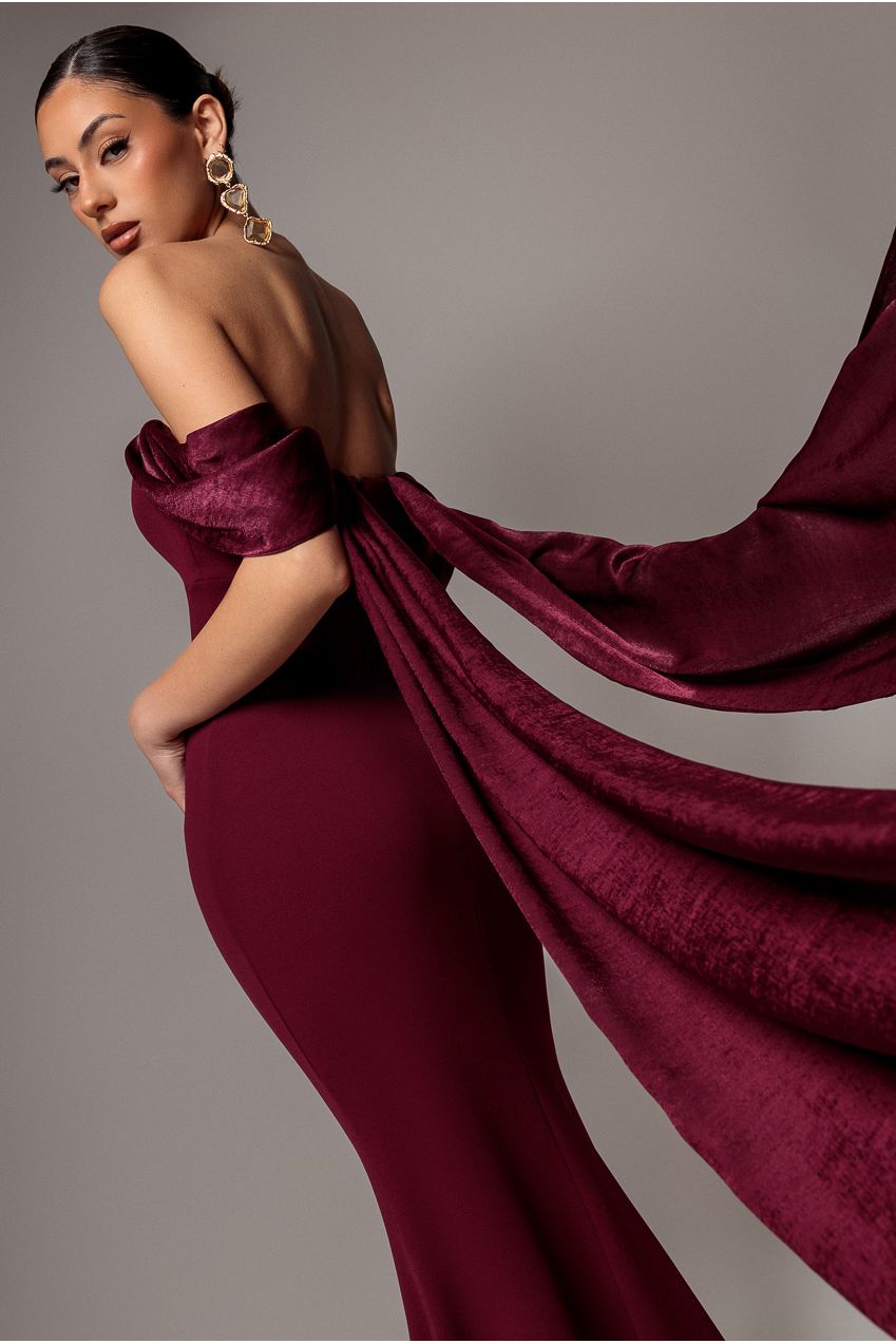 Off Shoulder Soft Satin Wing Cape Maxi Dress - Burgundy DR5079