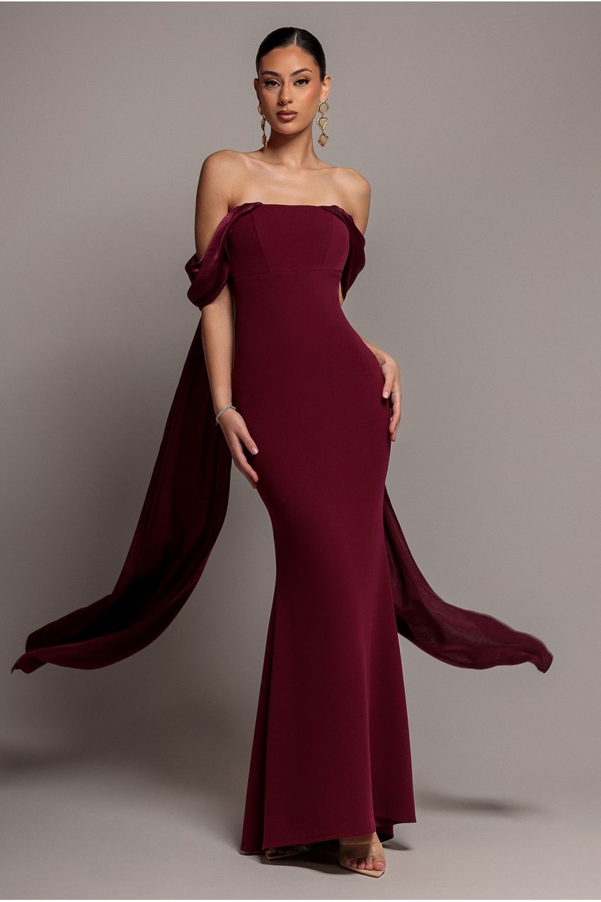 Off Shoulder Soft Satin Wing Cape Maxi Dress - Burgundy DR5079