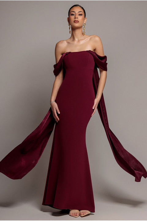 Off Shoulder Soft Satin Wing Cape Maxi Dress - Burgundy by Goddiva