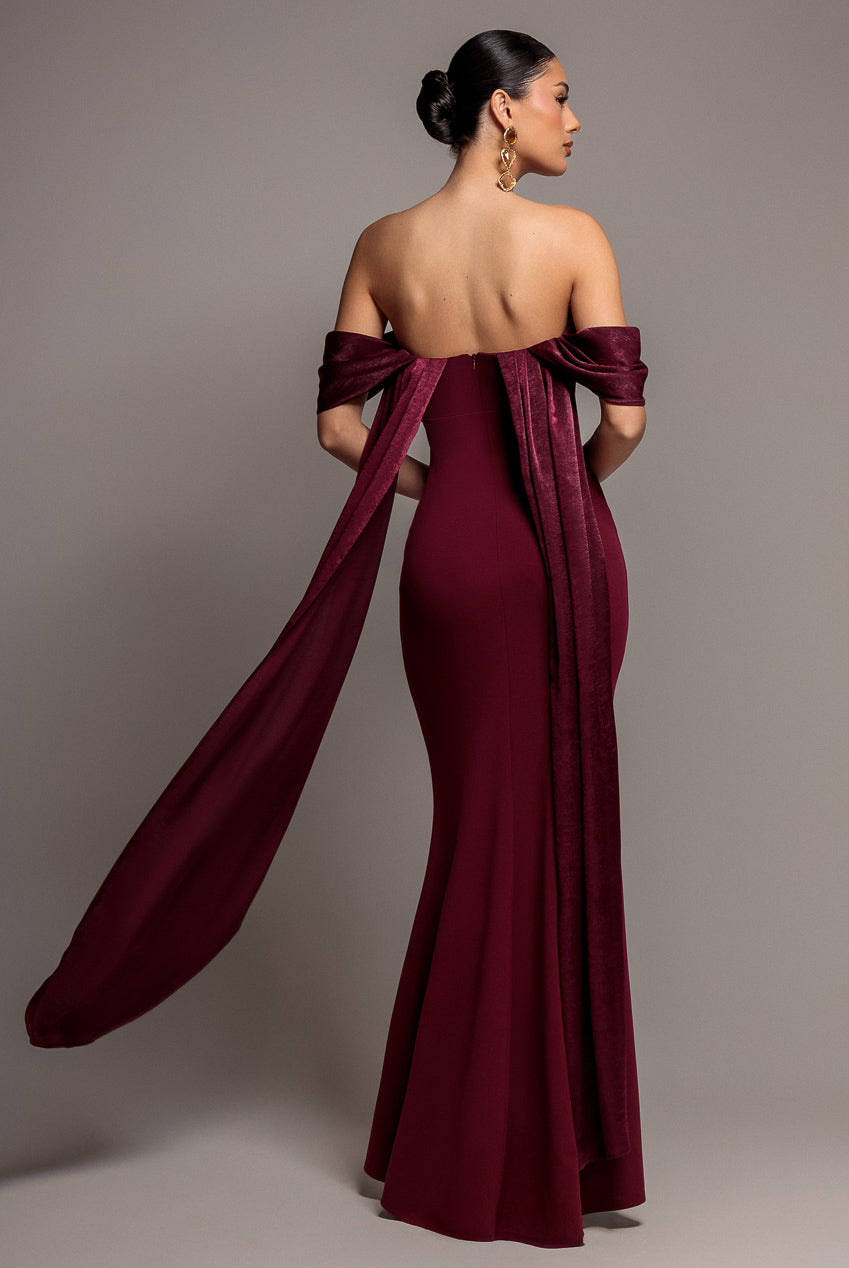 Off Shoulder Velvet Satin Wings Cape Maxi Dress - Burgundy DR5079