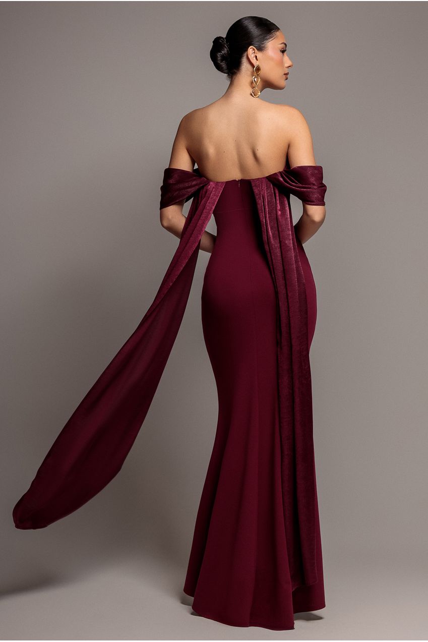 Off Shoulder Soft Satin Wing Cape Maxi Dress - Burgundy DR5079