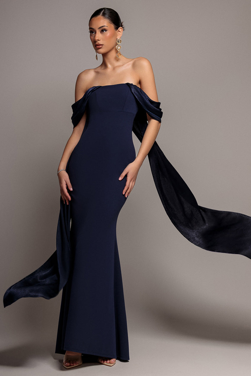 Off Shoulder Velvet Satin Wings Cape Maxi Dress - Navy Blue DR5079