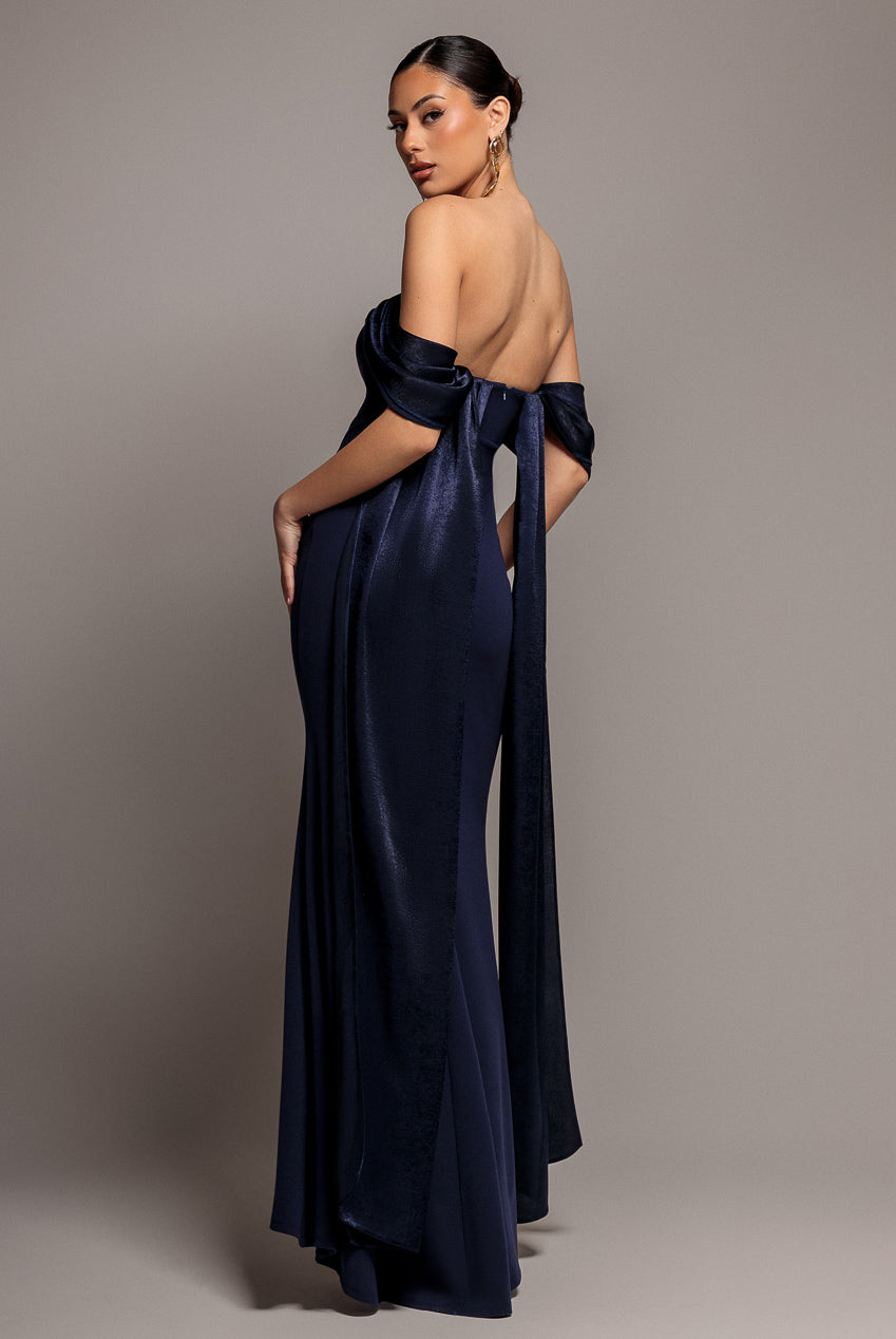 Off Shoulder Velvet Satin Wings Cape Maxi Dress - Navy Blue DR5079