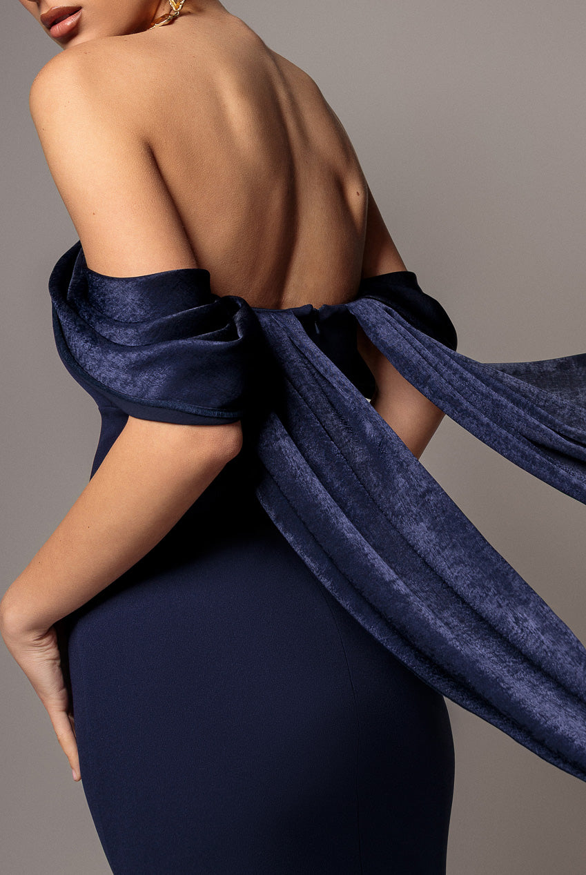 Off Shoulder Velvet Satin Wings Cape Maxi Dress - Navy Blue DR5079