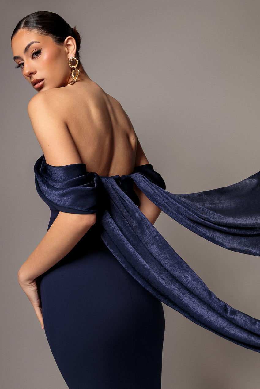 Off Shoulder Velvet Satin Wings Cape Maxi Dress - Navy Blue DR5079