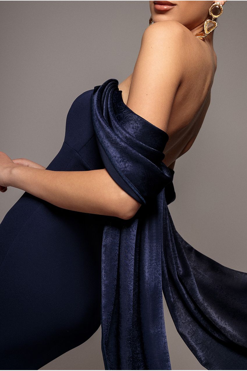 Off Shoulder Soft Satin Wing Cape Maxi Dress - Navy Blue DR5079
