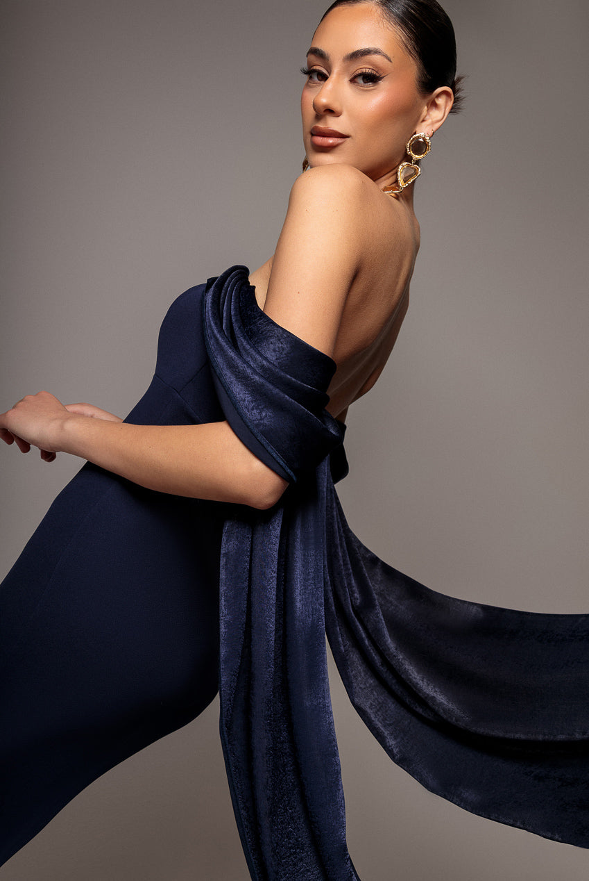 Off Shoulder Velvet Satin Wings Cape Maxi Dress - Navy Blue DR5079