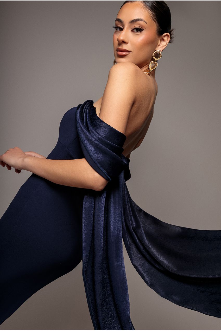 Off Shoulder Soft Satin Wing Cape Maxi Dress - Navy Blue DR5079