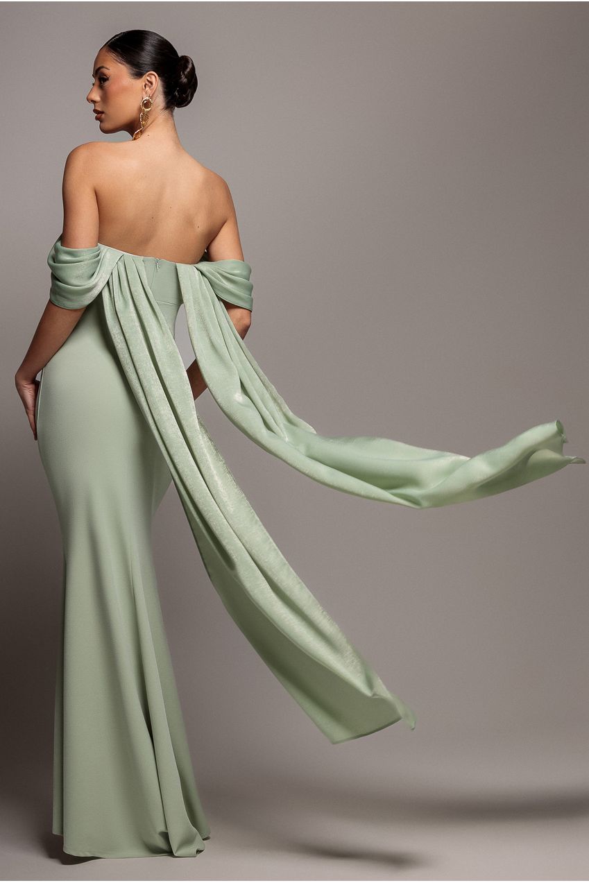 Off Shoulder Soft Satin Wing Cape Maxi Dress - Sage Green DR5079