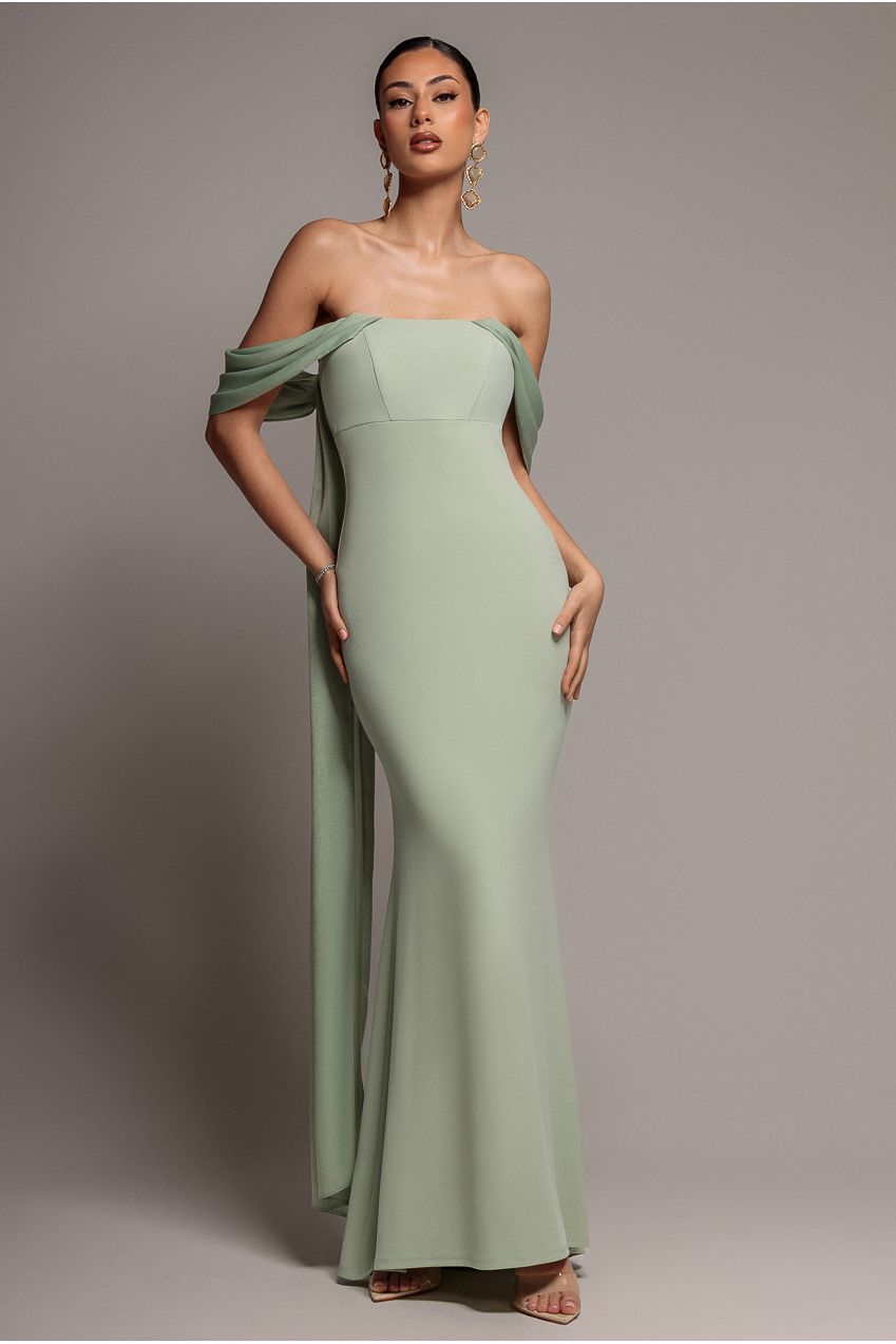 Off Shoulder Soft Satin Wing Cape Maxi Dress - Sage Green DR5079