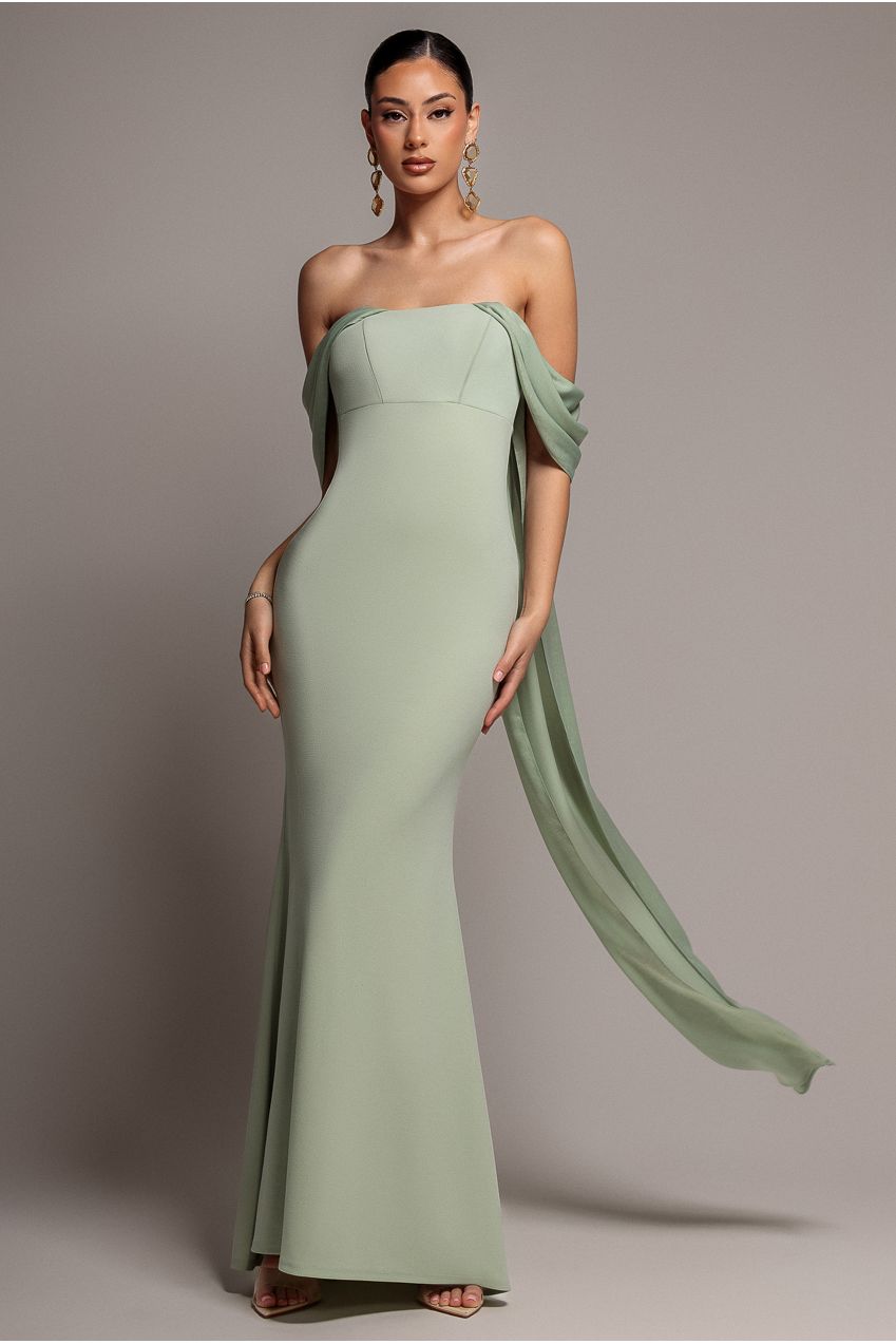 Off Shoulder Soft Satin Wing Cape Maxi Dress - Sage Green DR5079