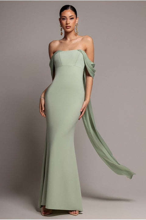 Off Shoulder Soft Satin Wing Cape Maxi Dress - Sage Green by Goddiva
