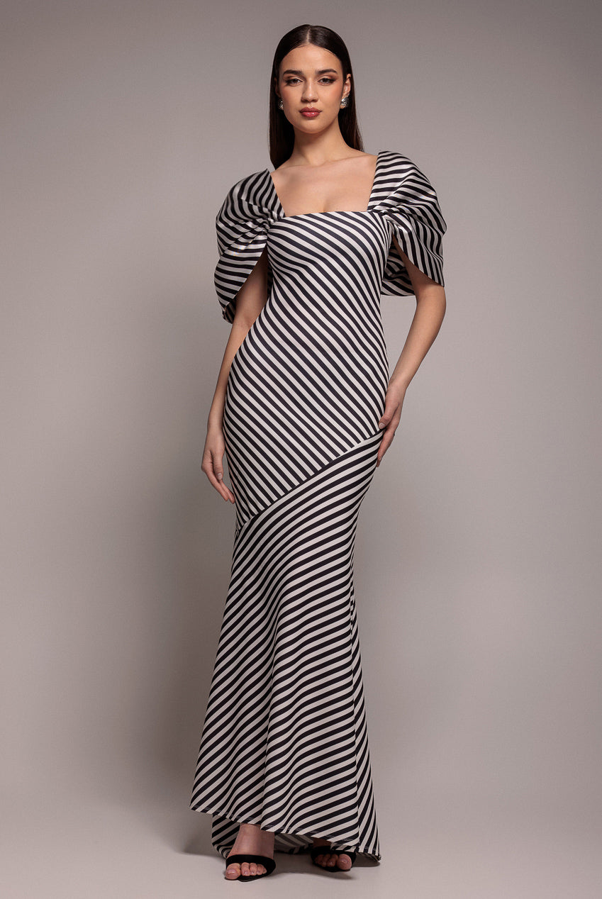 Stripe Off Shoulder Bow Back Satin Bow Maxi Dress - Black White DR5080