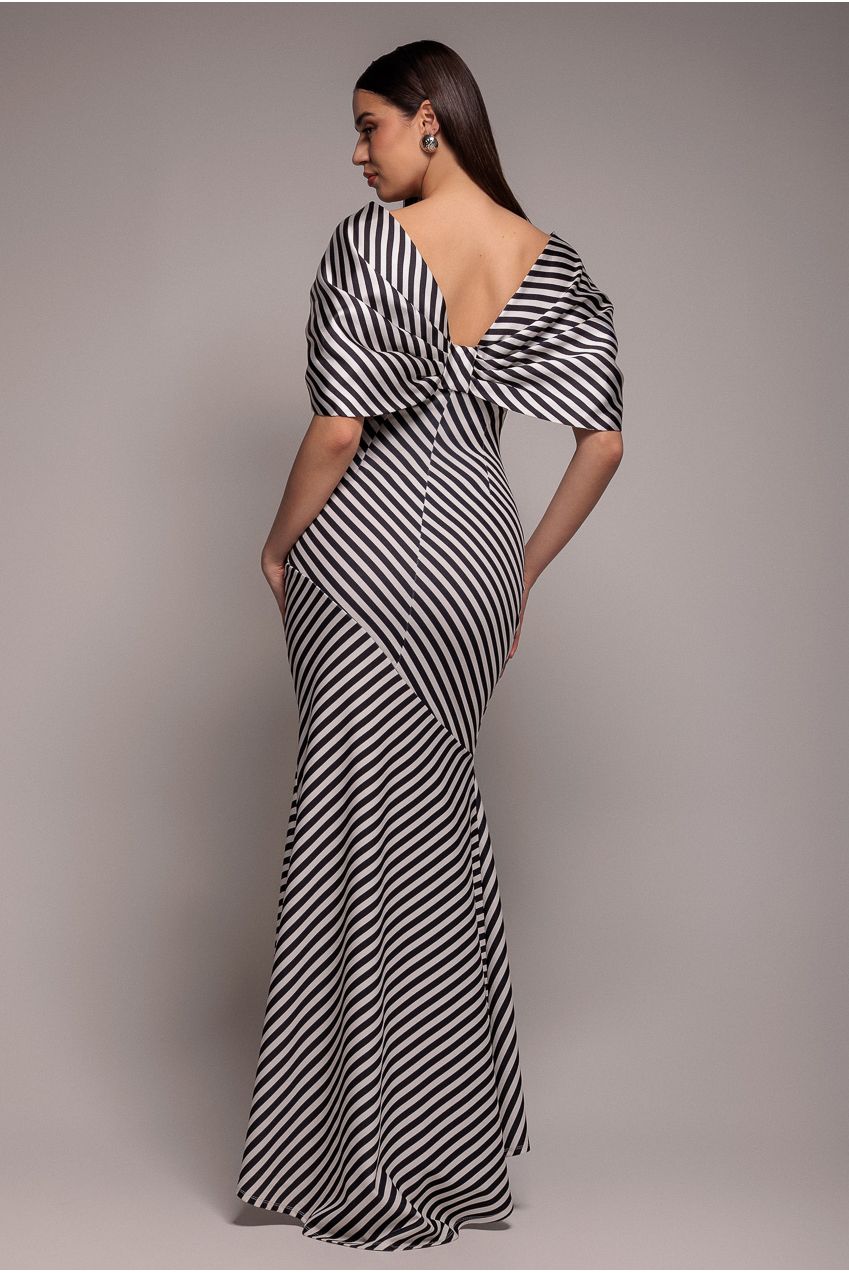 Stripe Off Shoulder Bow Back Satin Bow Maxi Dress - Black White | Goddiva Stripe Off Shoulder Bow Back Satin Bow Maxi Dress - Black White | Goddiva