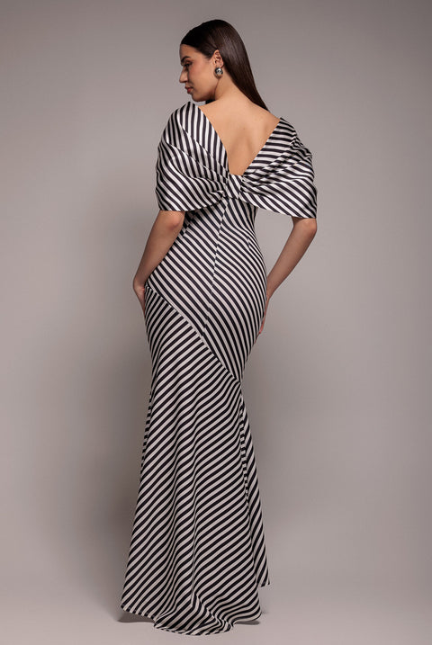 Stripe Off Shoulder Bow Back Satin Bow Maxi Dress - Black White by Goddiva