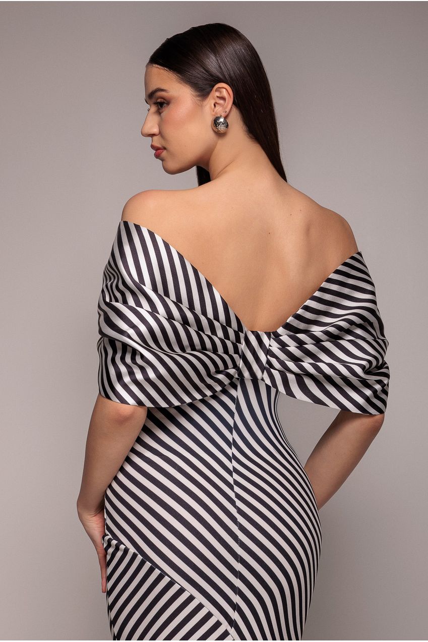 Stripe Off Shoulder Bow Back Satin Bow Maxi Dress - Black White DR5080