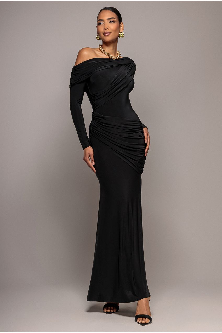 Off Shoulder Gathered Panel Soft Touch Maxi Dress - Black DR5087