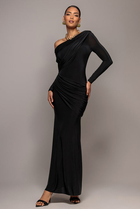 Off Shoulder Gathered Panel Soft Touch Maxi Dress - Black by Goddiva