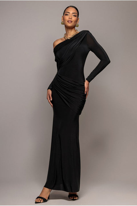 Off Shoulder Gathered Panel Soft Touch Maxi Dress - Black by Goddiva