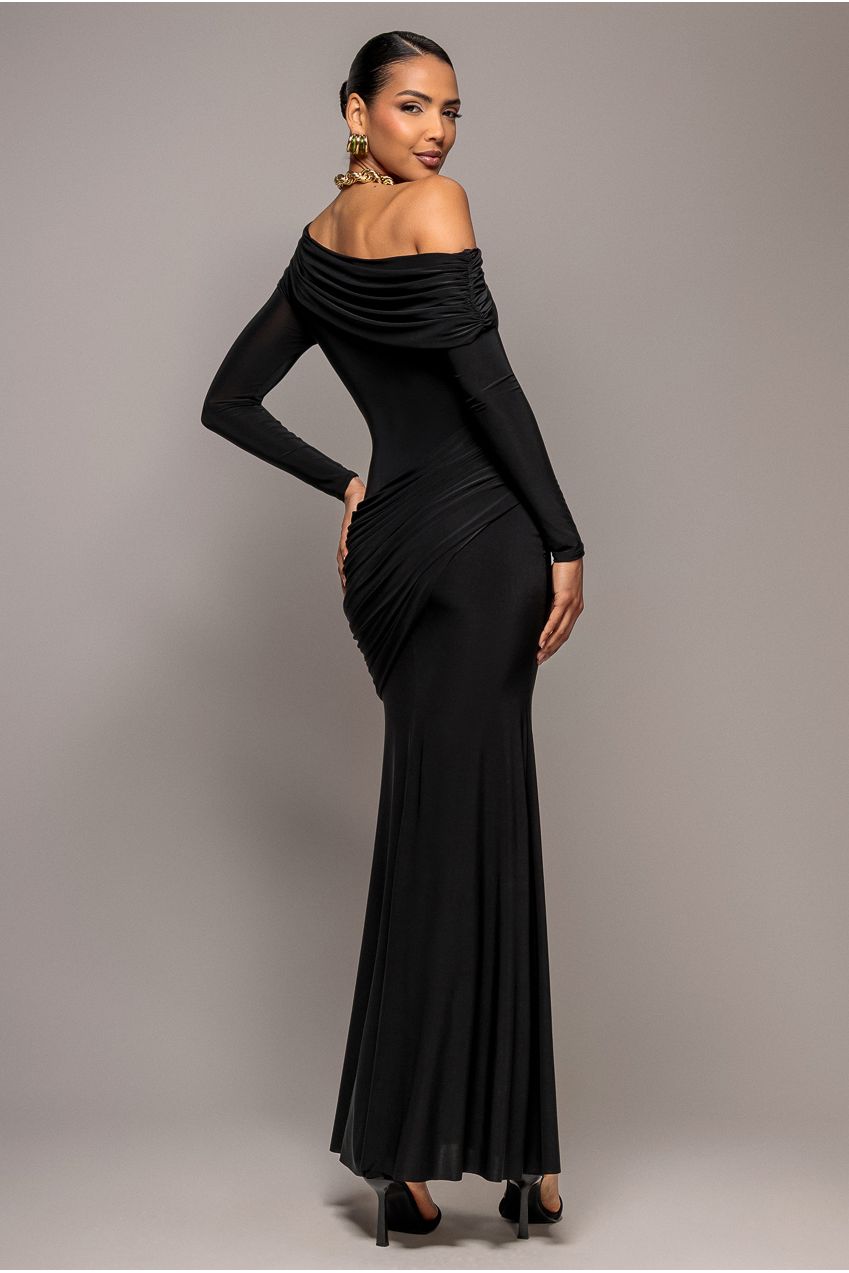 Off Shoulder Gathered Panel Soft Touch Maxi Dress - Black DR5087