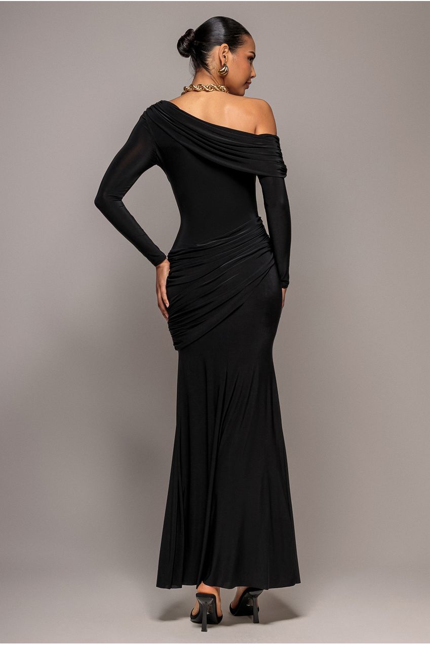 Off Shoulder Gathered Panel Soft Touch Maxi Dress - Black DR5087