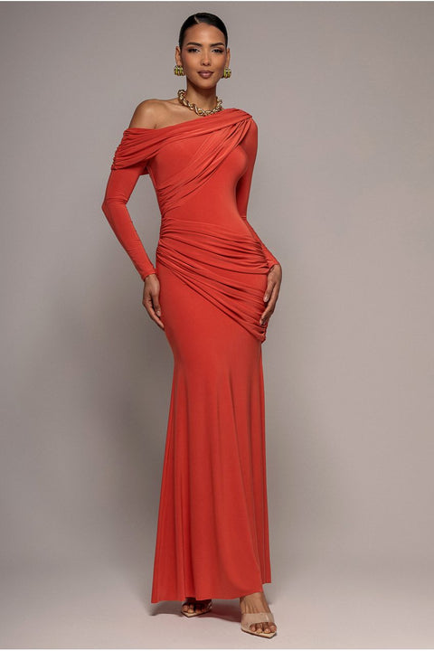 Off Shoulder Gathered Panel Soft Touch Maxi Dress - Burnt Orange by Goddiva