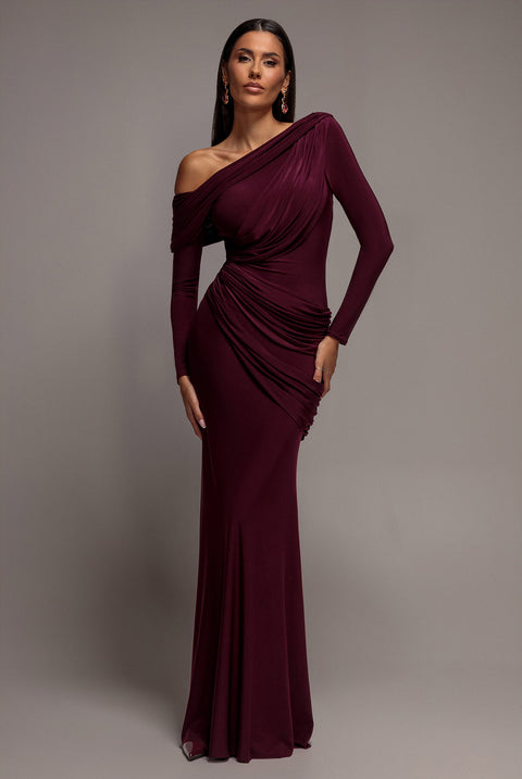 Off Shoulder Gathered Panel Soft Touch Maxi Dress - Plum by Goddiva