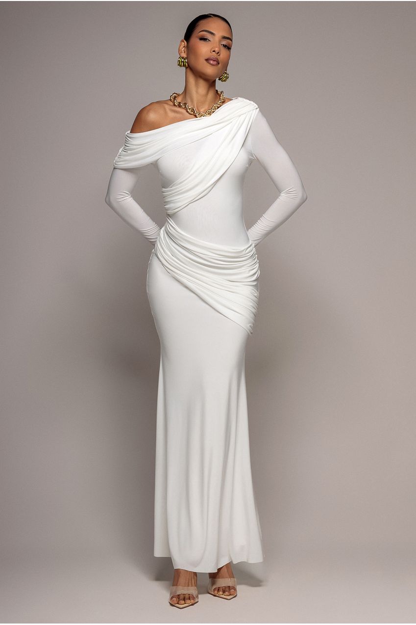 Off Shoulder Gathered Panel Soft Touch Maxi Dress - White DR5087