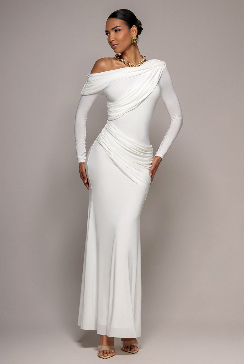 Off Shoulder Gathered Panel Soft Touch Maxi Dress - White DR5087