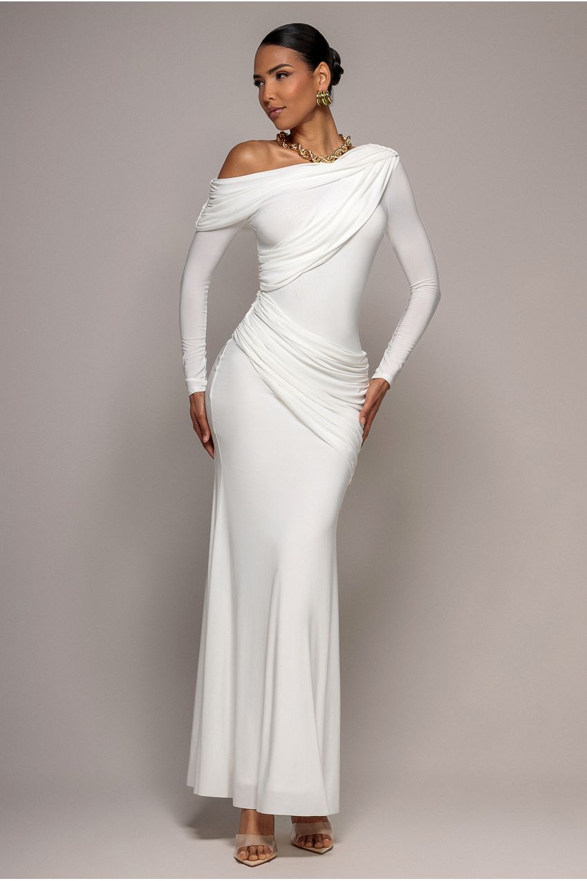 Off Shoulder Gathered Panel Soft Touch Maxi Dress - White DR5087