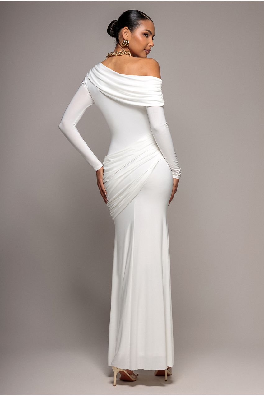 Off Shoulder Gathered Panel Soft Touch Maxi Dress - White DR5087