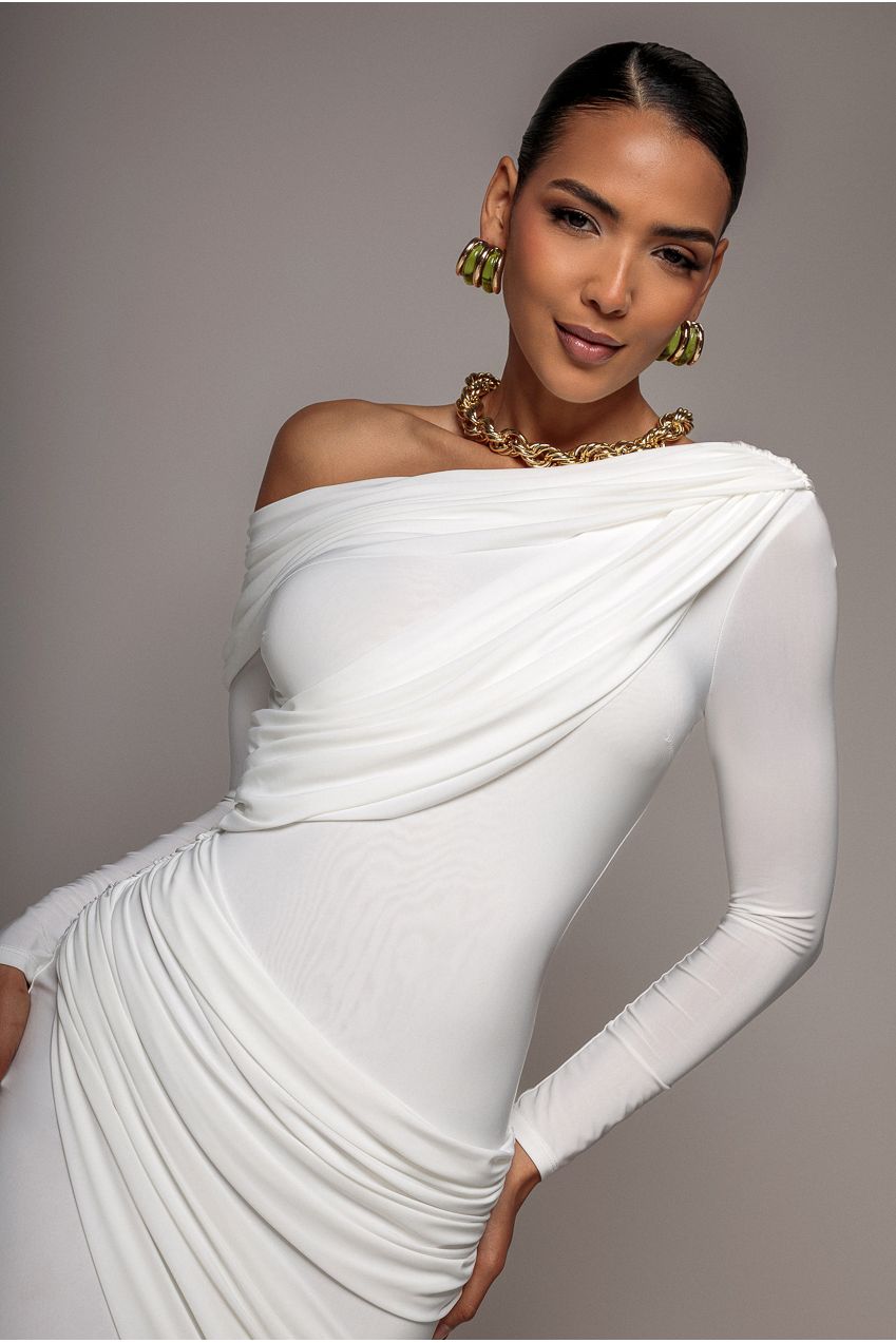 Off Shoulder Gathered Panel Soft Touch Maxi Dress - White DR5087