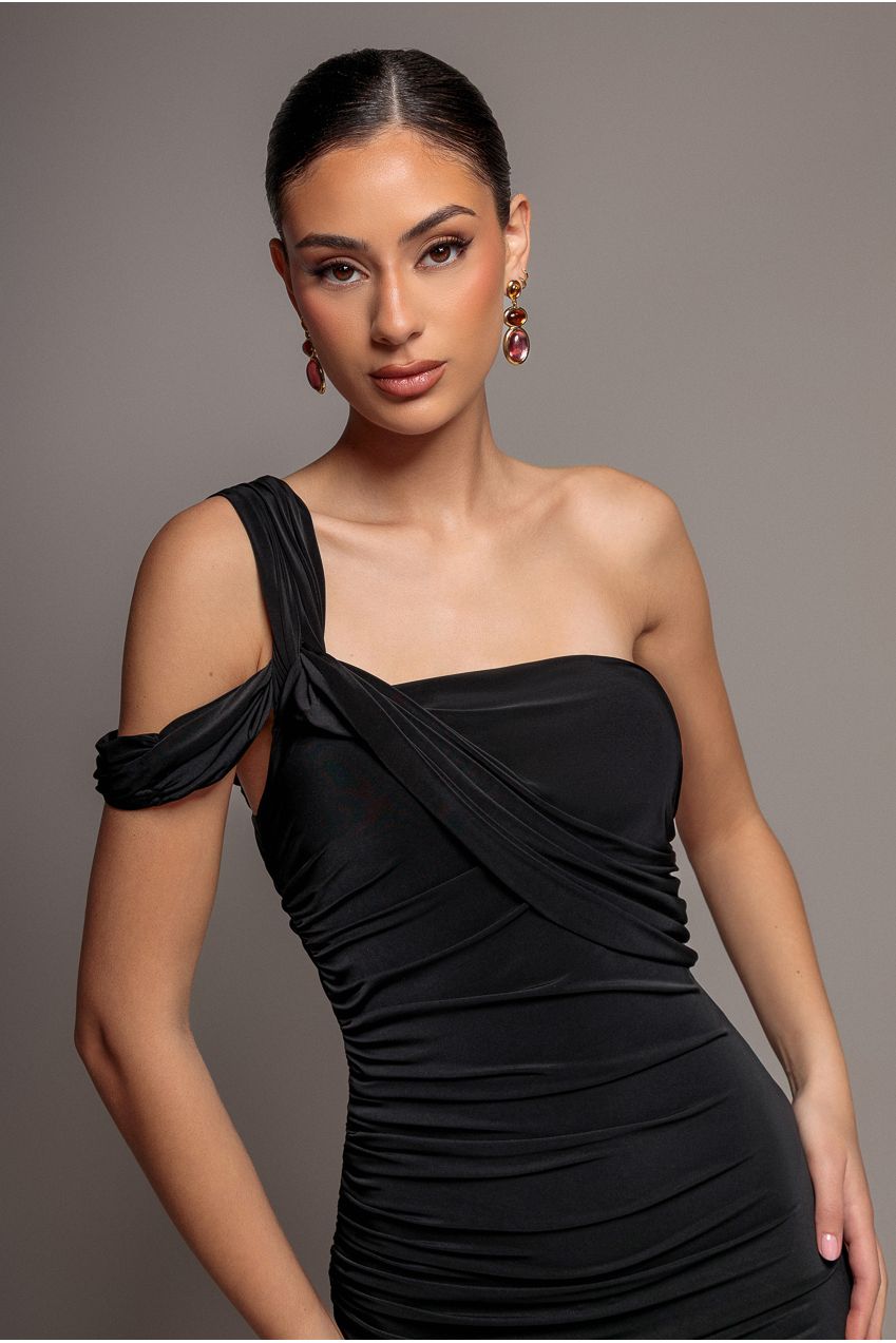 One Shoulder Asymmetric Twist Maxi Dress - Black DR5089