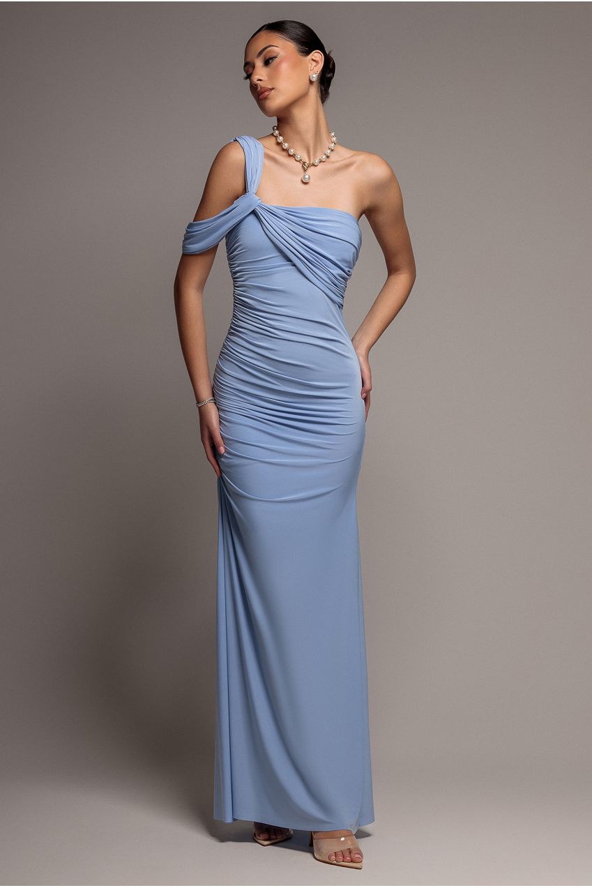 One Shoulder Asymmetric Twist Maxi Dress - Blue