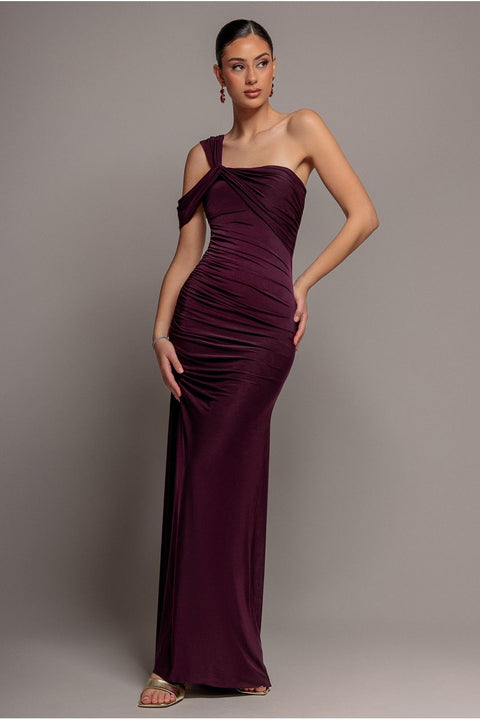 One Shoulder Asymmetric Twist Maxi Dress - Burgundy by Goddiva