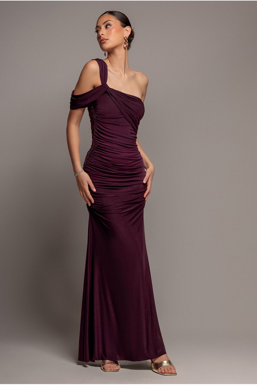 One Shoulder Asymmetric Twist Maxi Dress - Burgundy DR5089