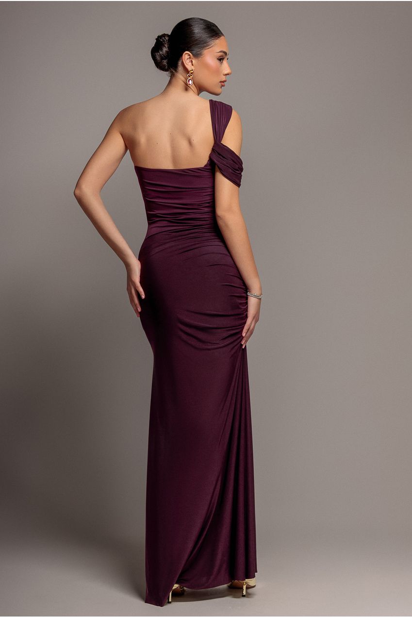 One Shoulder Asymmetric Twist Maxi Dress - Burgundy DR5089