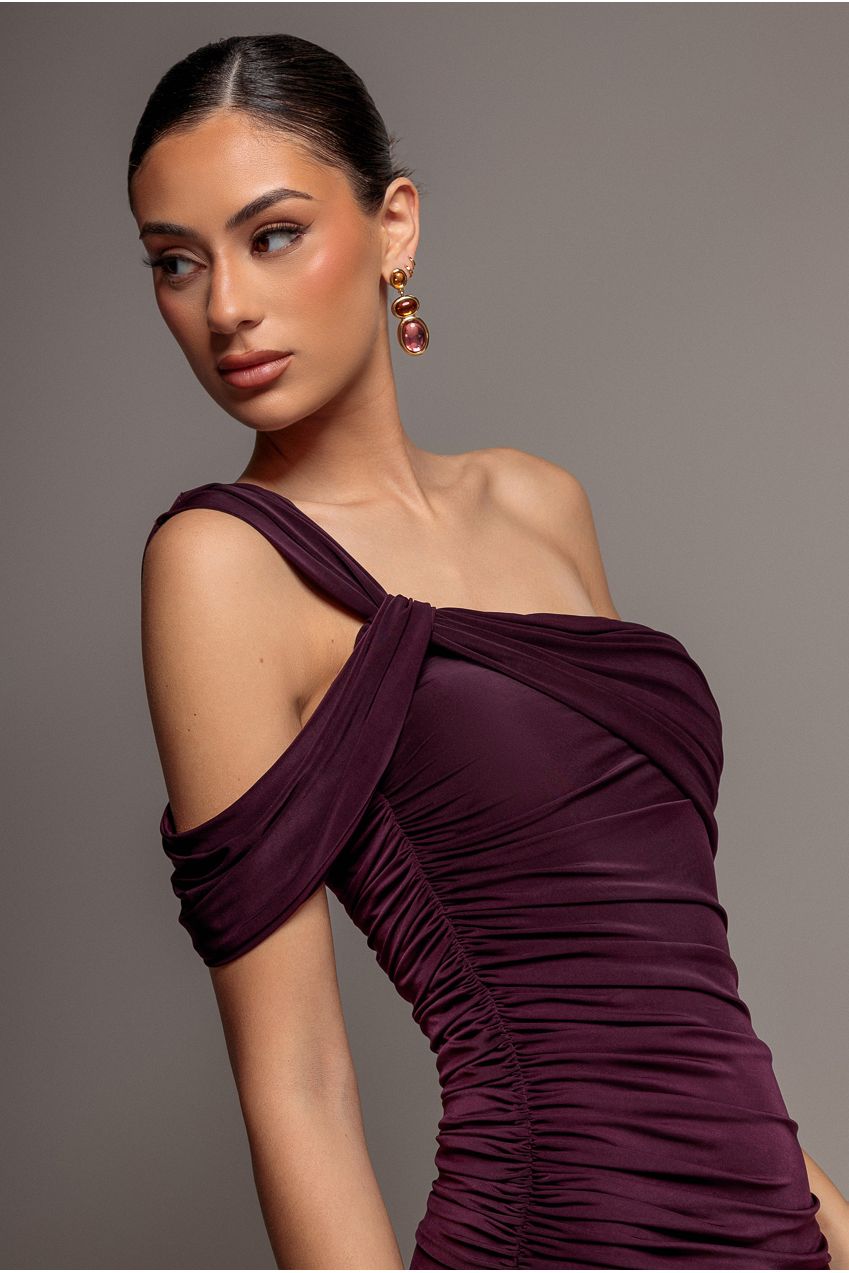 One Shoulder Asymmetric Twist Maxi Dress - Burgundy DR5089