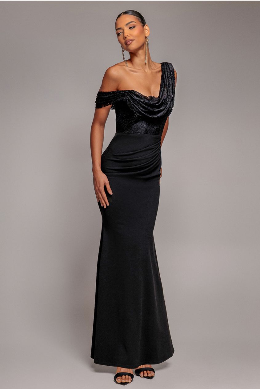 Lace Cowl One Shoulder Scuba Crepe Maxi Dress - Black DR5093