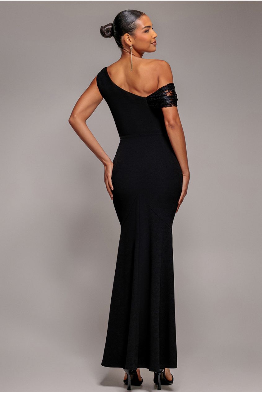 Lace Cowl One Shoulder Scuba Crepe Maxi Dress - Black DR5093