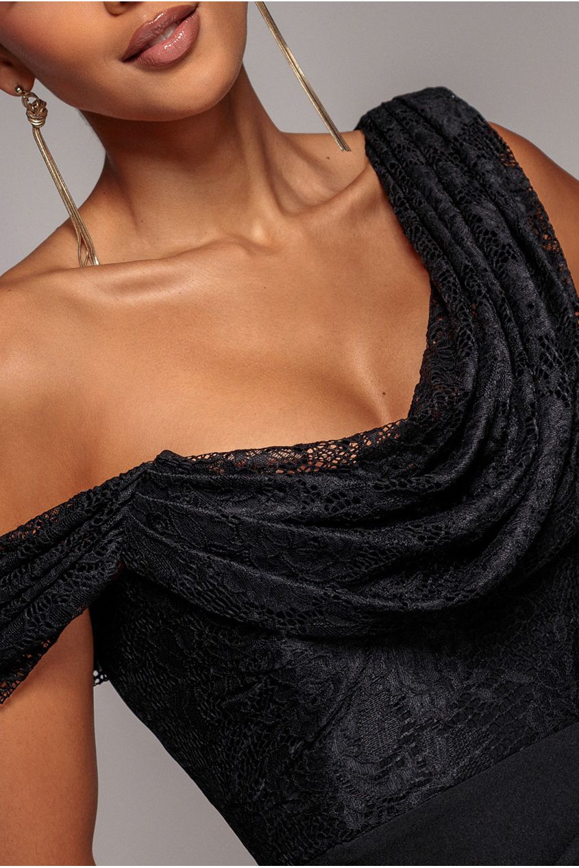 Lace Cowl One Shoulder Scuba Crepe Maxi Dress - Black DR5093
