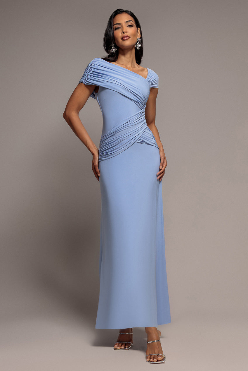 Asymmetric Neck Gathered Waist Maxi Dress - Blue DR5096