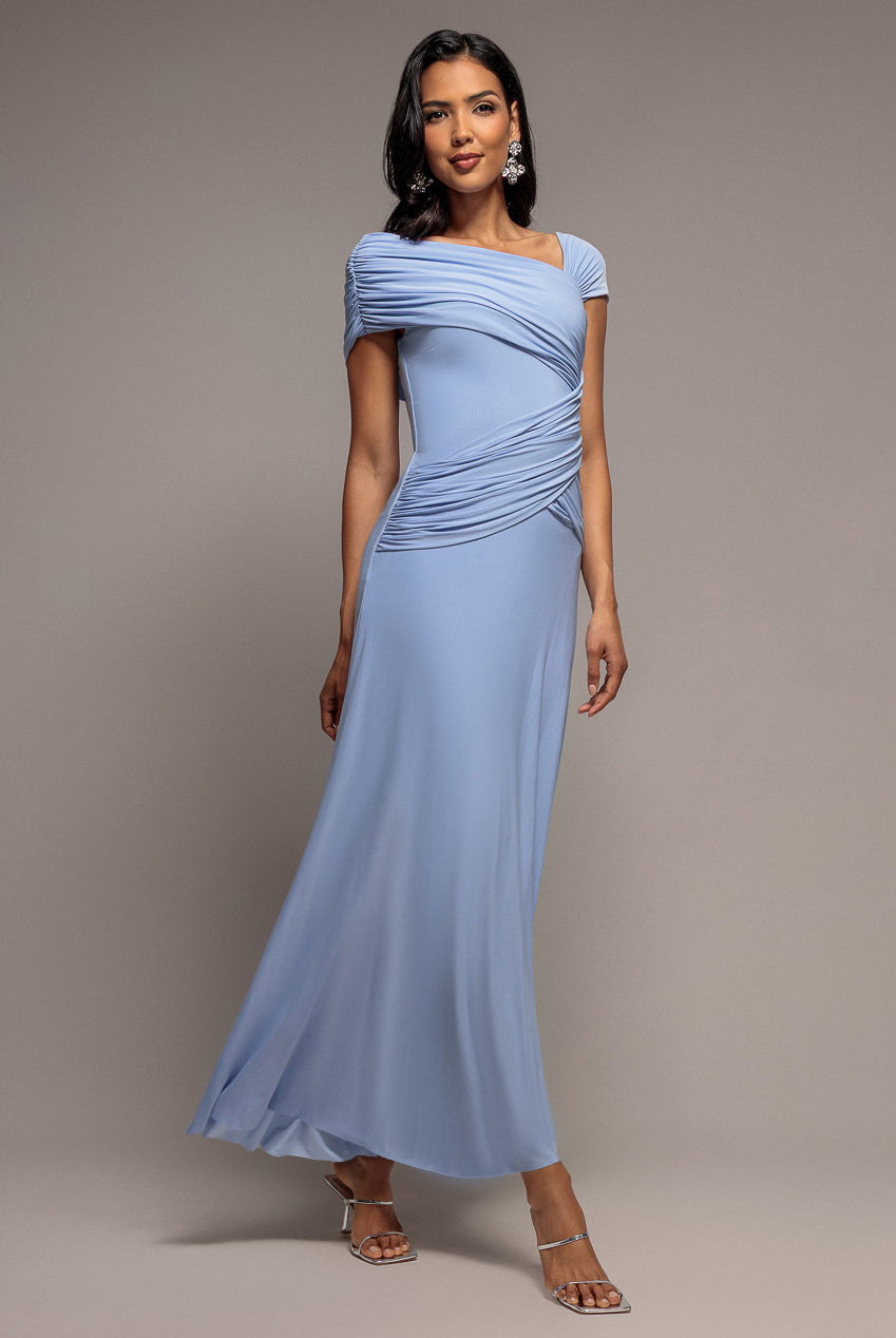 Asymmetric Neck Gathered Waist Maxi Dress - Blue DR5096