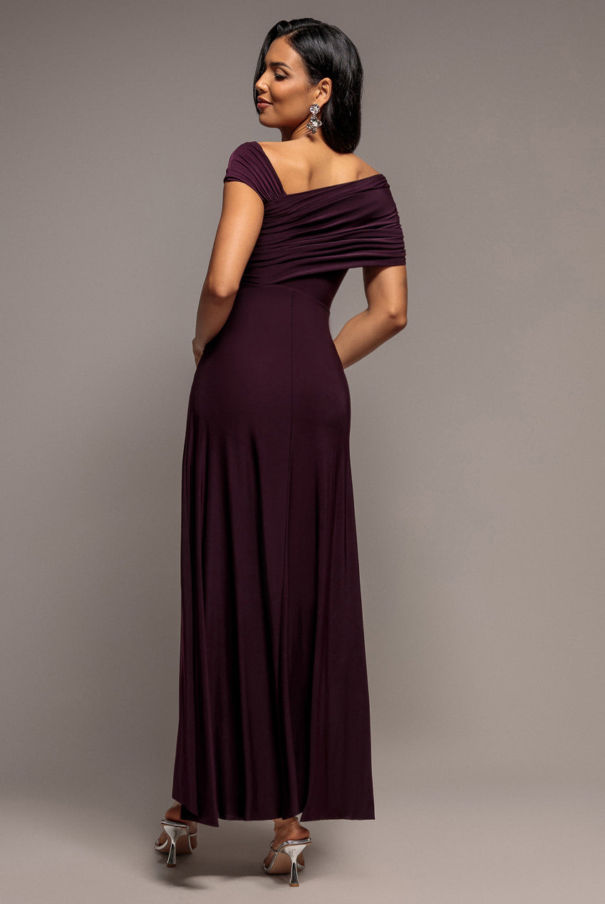 Asymmetric Neck Gathered Waist Maxi Dress - Burgundy DR5096