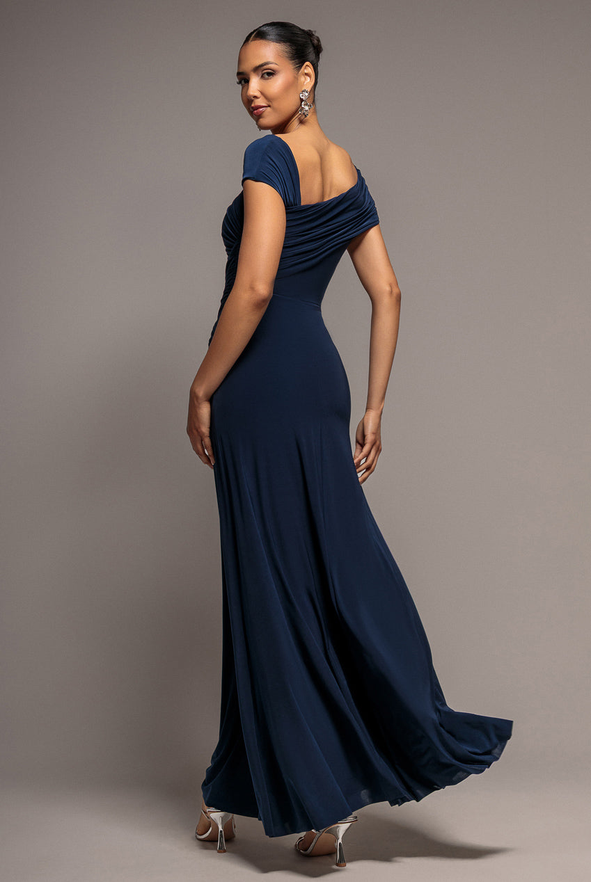 Asymmetric Neck Gathered Waist Maxi Dress - Navy Blue DR5096