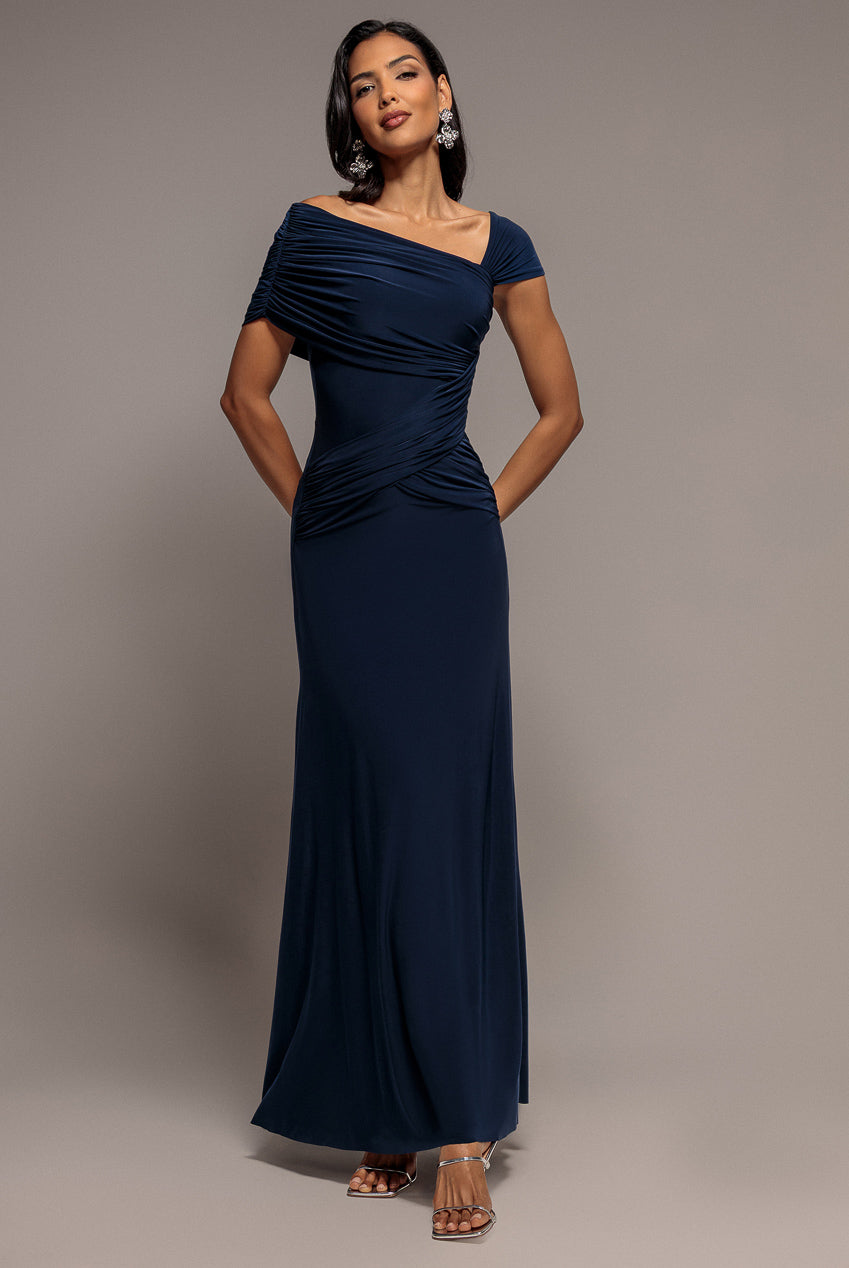 Asymmetric Neck Gathered Waist Maxi Dress - Navy Blue DR5096
