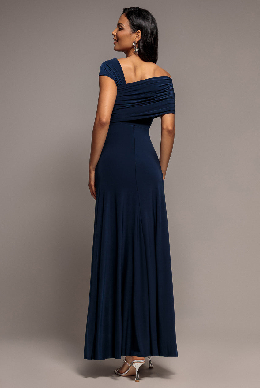 Asymmetric Neck Gathered Waist Maxi Dress - Navy Blue DR5096